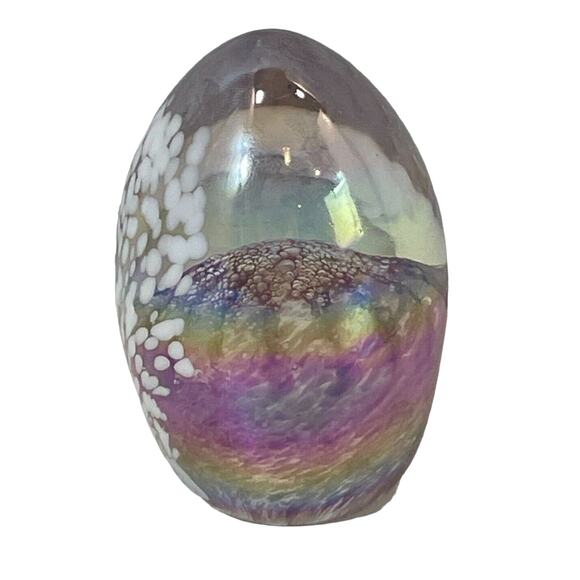 Glass Eye Studio GES Paperweight Iridescent Egg Shaped Pink White Signed Dated - Picture 3 of 9